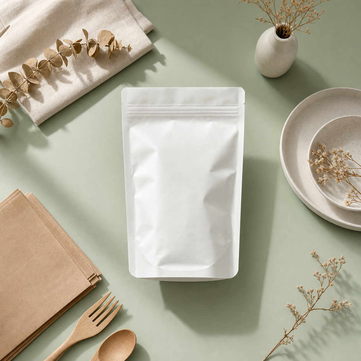 Close-up editorial study of paper foodservice packaging materials