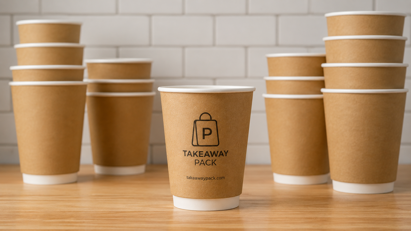 Kraft double-wall paper cups on a wood table against a white subway-tile wall