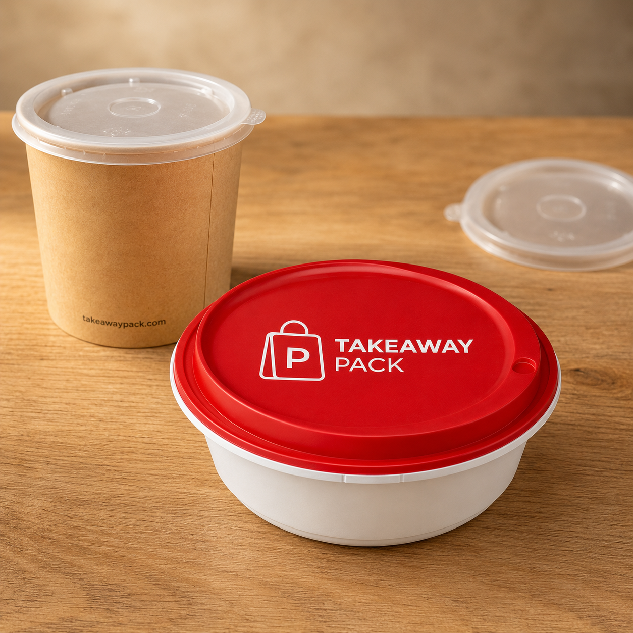 On a light wooden counter, a paper soup cup with a clear lid and a printed web address stands beside a white plastic container with a bright red printed lid and a spare clear lid.
