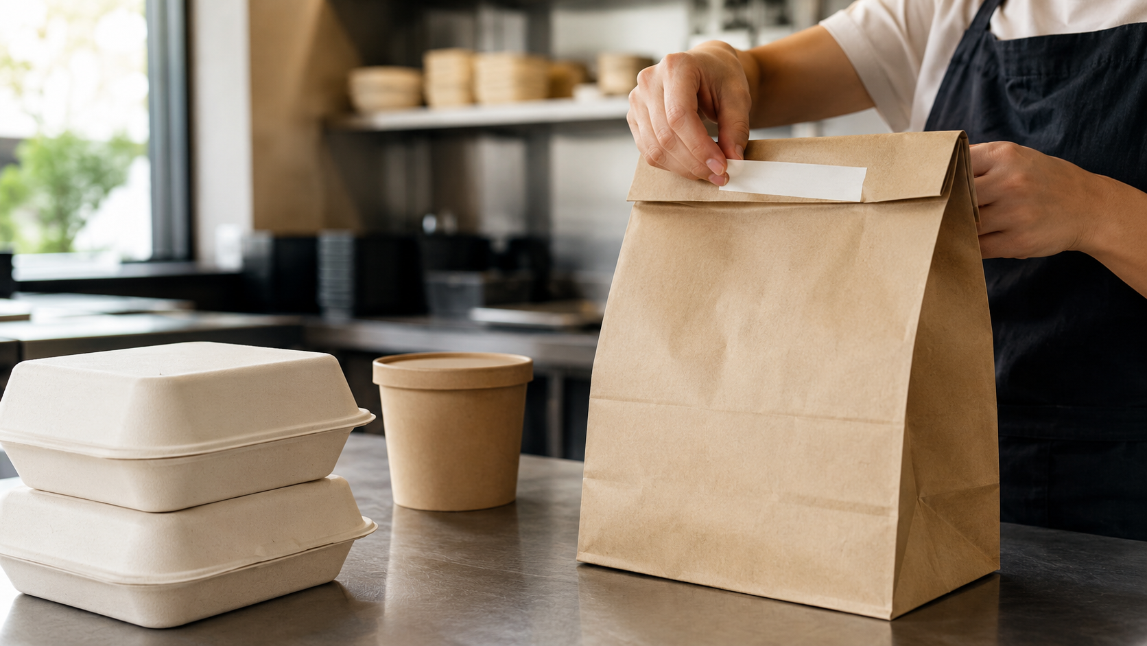 Restaurant worker applying a visible seal to a folded kraft food-delivery bag beside takeaway containers