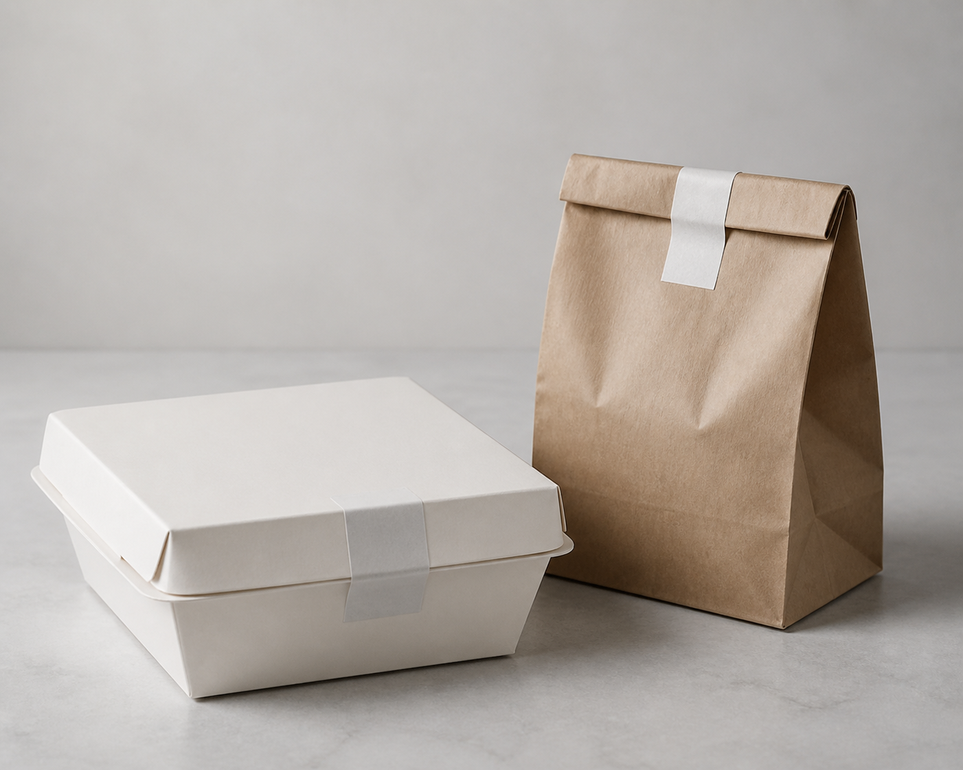 White takeaway clamshell and folded kraft delivery bag closed with visible paper seals