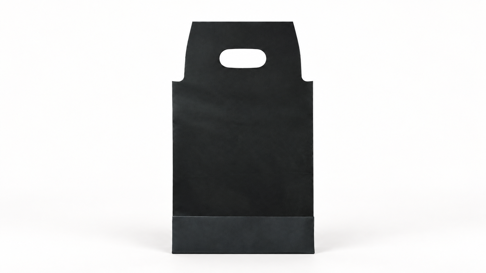 Plain black paper carry bag on a white background.