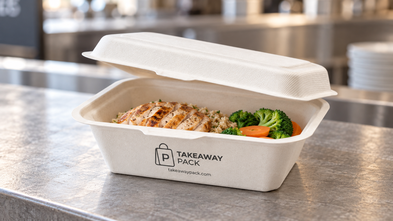 Open hinged food container with sliced grilled chicken, grains, broccoli, and carrots, branded Takeaway Pack.