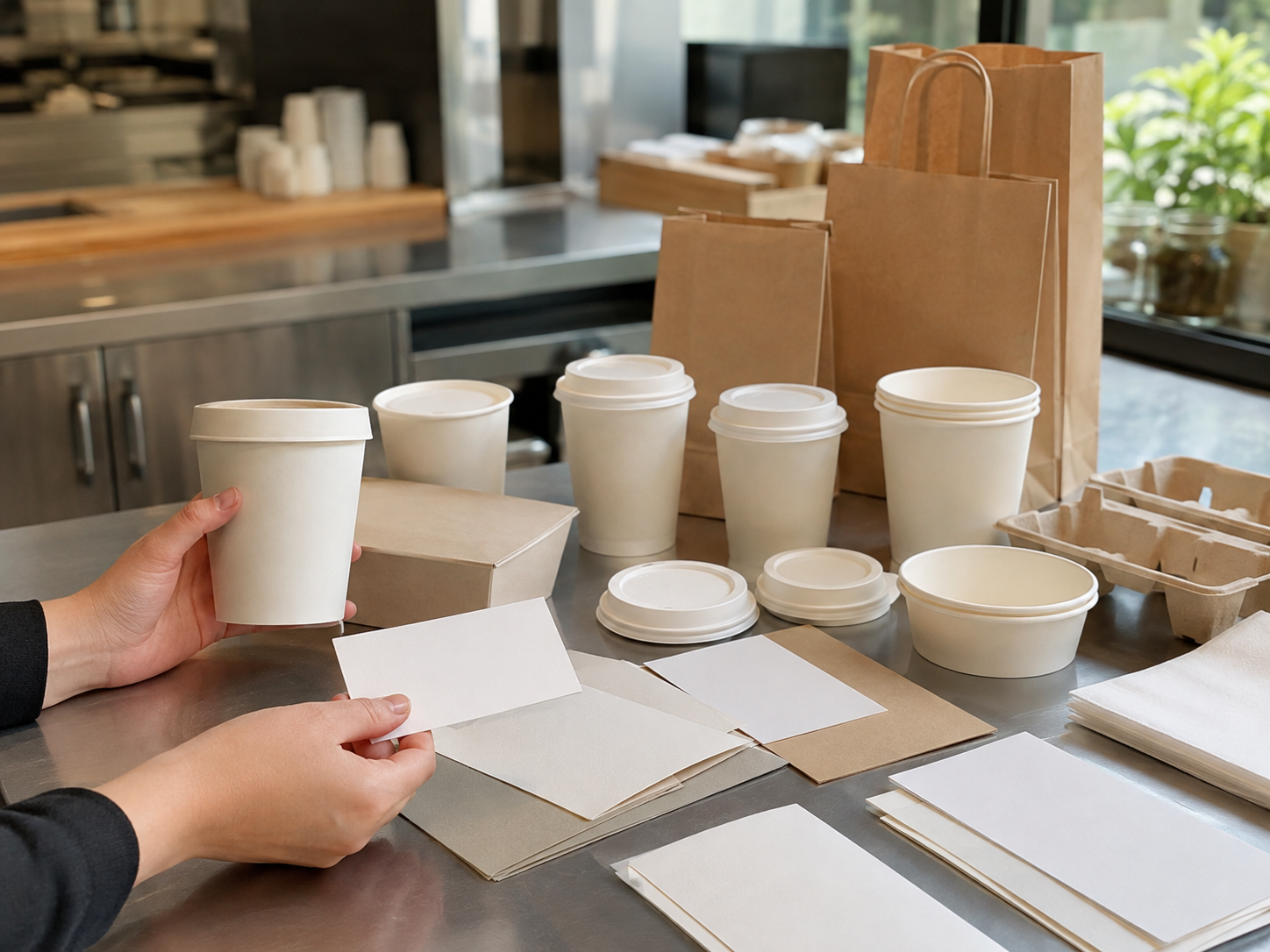 Café buyer comparing paper cups, lids, bowls, bags, cartons, and packaging material samples