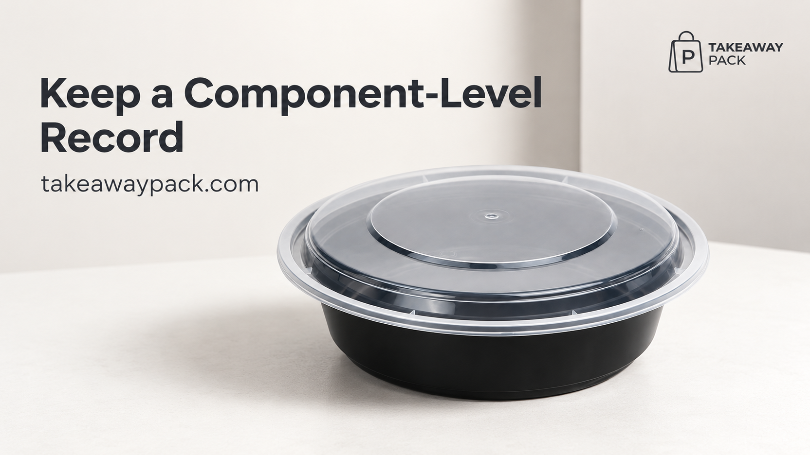 Black takeaway container with a clear lid on a light background.