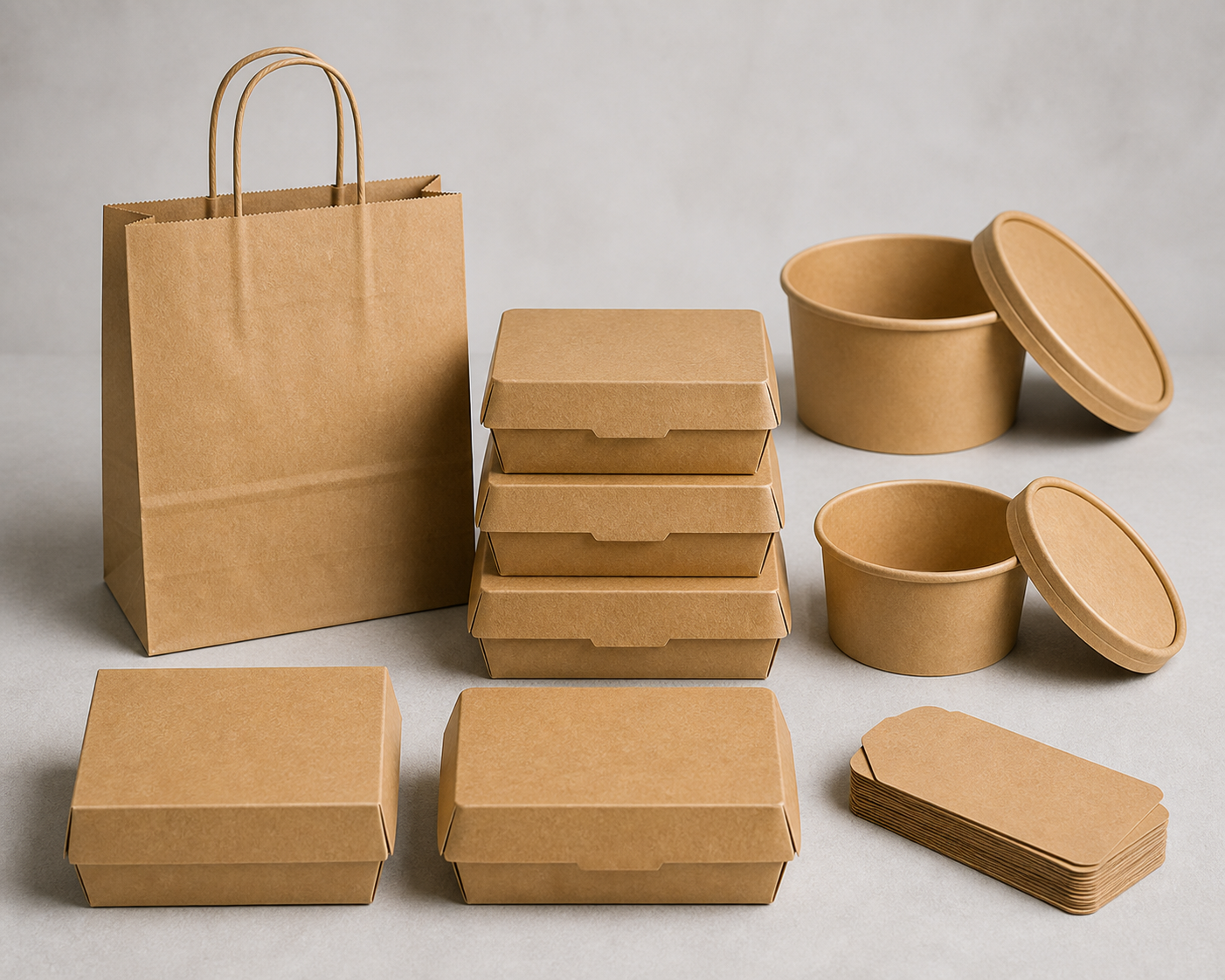 Kraft paper bags, takeaway boxes, bowls, lids, and paperboard samples arranged for component review