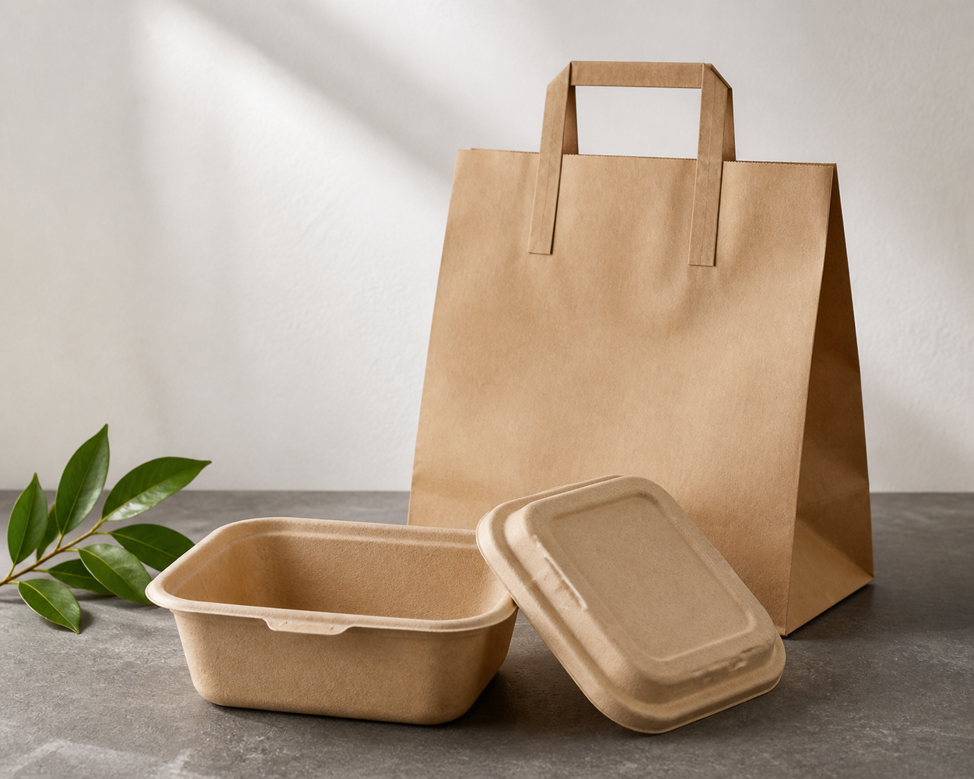 Kraft carrier bag and molded-fiber takeaway container with a separate lid on a work surface