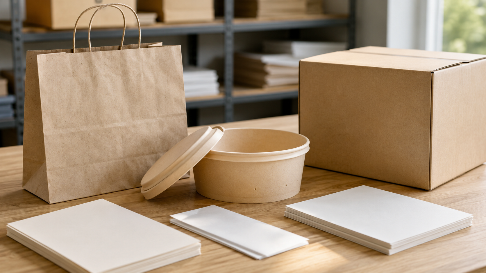 Kraft bag, paper bowl and lid, shipping carton, and packaging component sheets in a warehouse