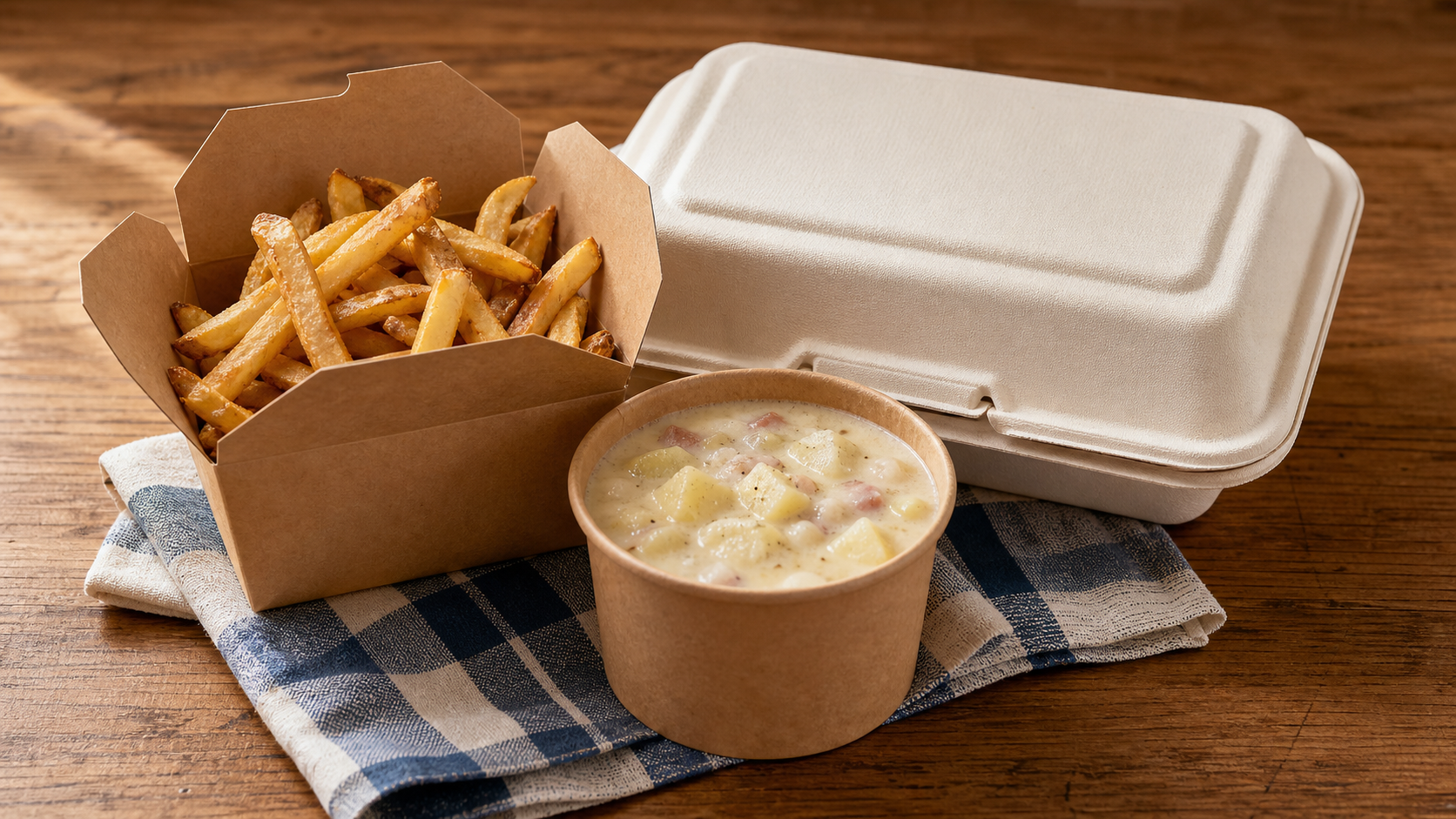 Kraft fries box, creamy soup cup, and molded-fiber takeaway container on a wooden table