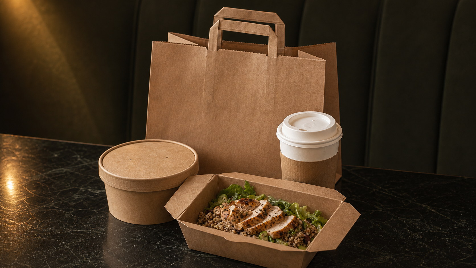 Kraft paper bag, food box, lidded bowl and paper cup arranged on a dark tabletop