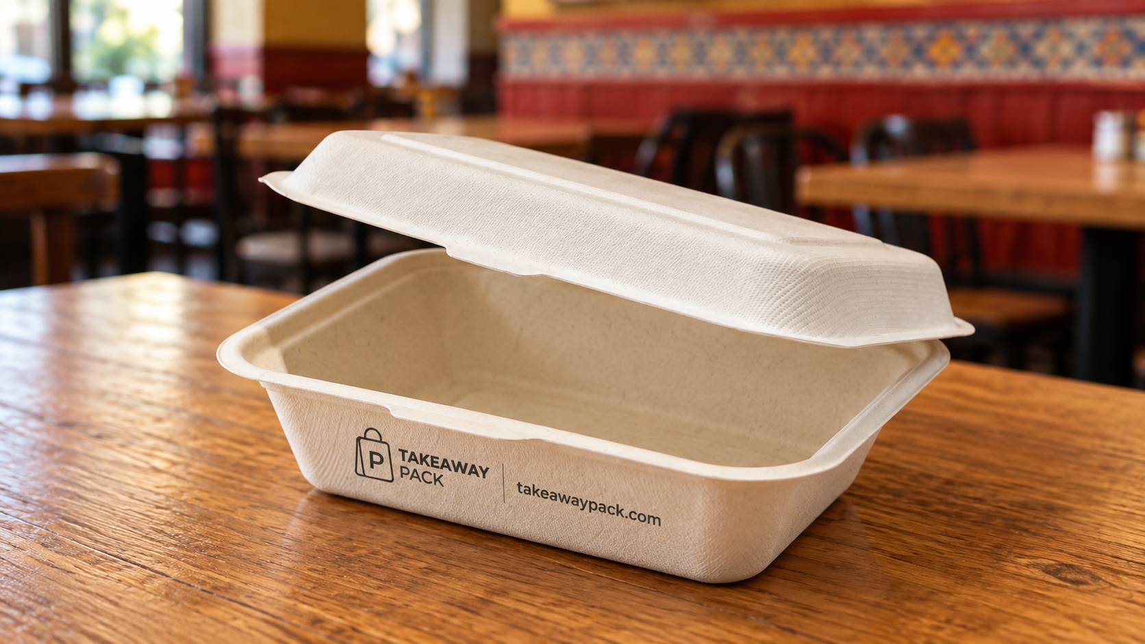 Empty open hinged food container on a restaurant table, branded Takeaway Pack.