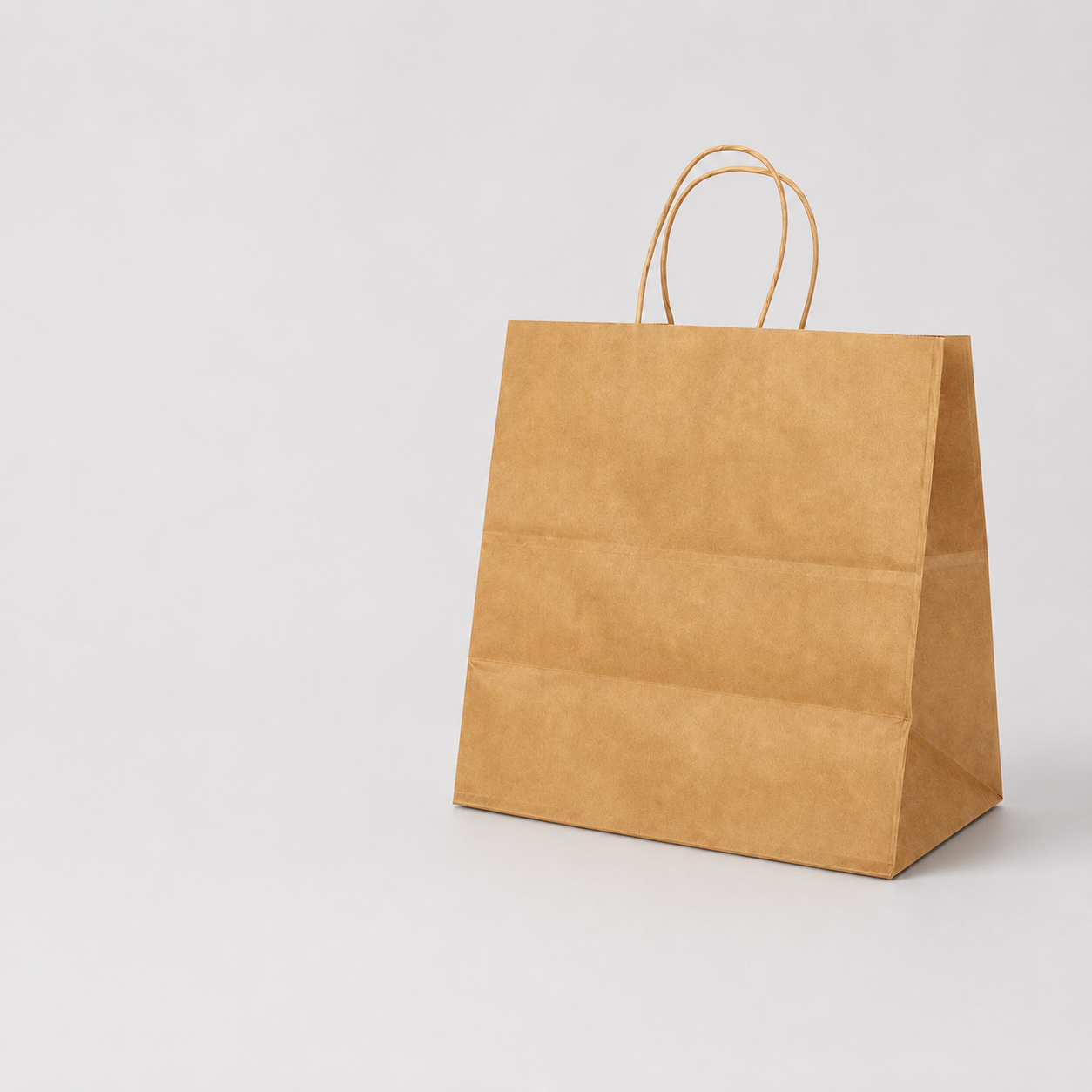 Plain kraft paper takeaway bag with twisted handles on a light background