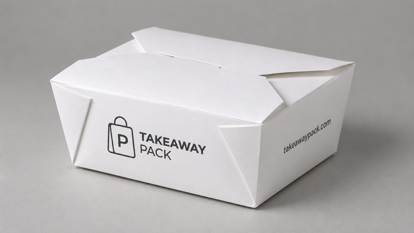 White branded takeaway box with a carry handle.