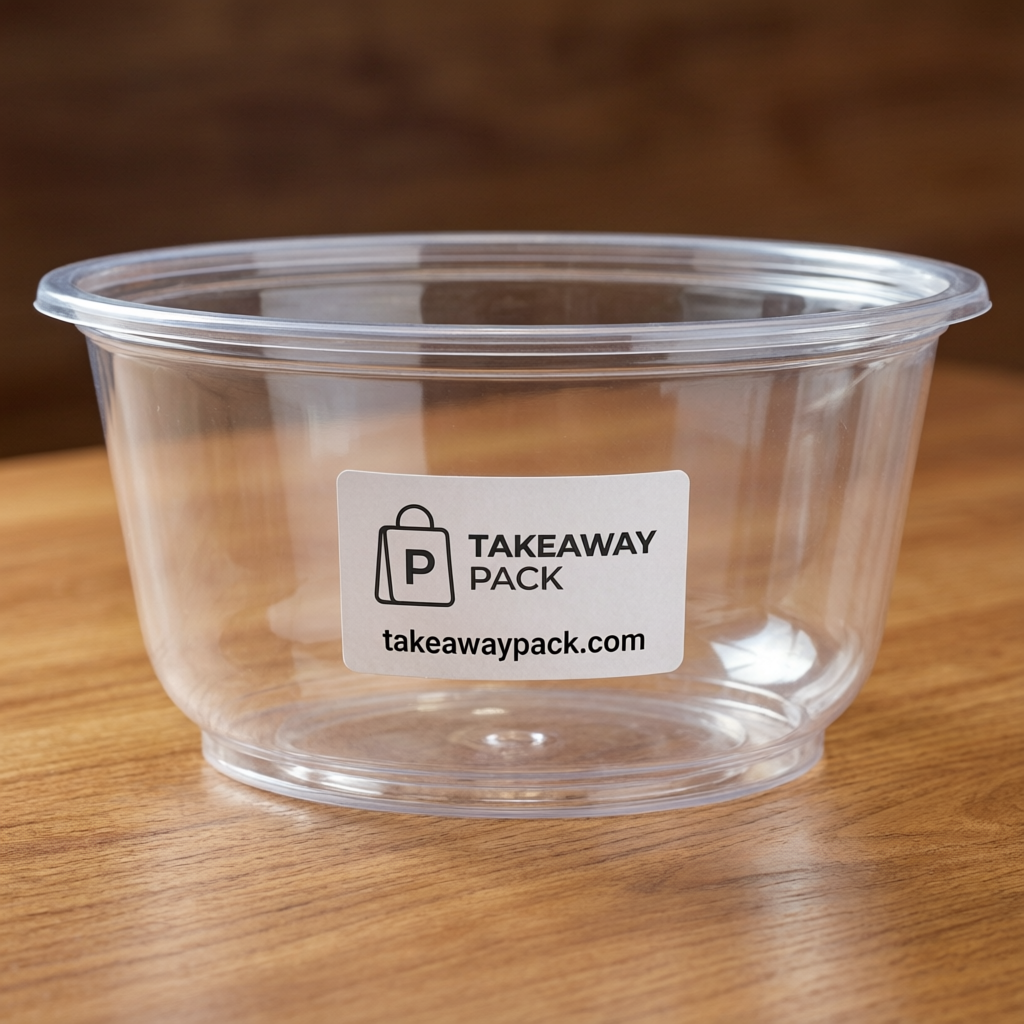 Clear round food container on a wooden table with a Takeaway Pack label.