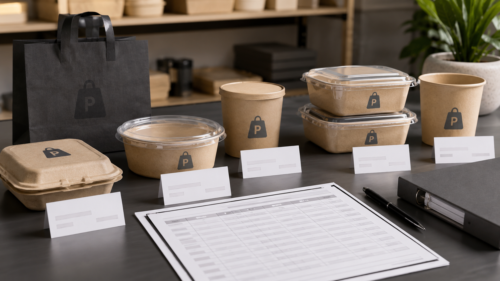 Assorted fiber food packaging SKUs arranged with evidence cards, a register sheet, and document binder