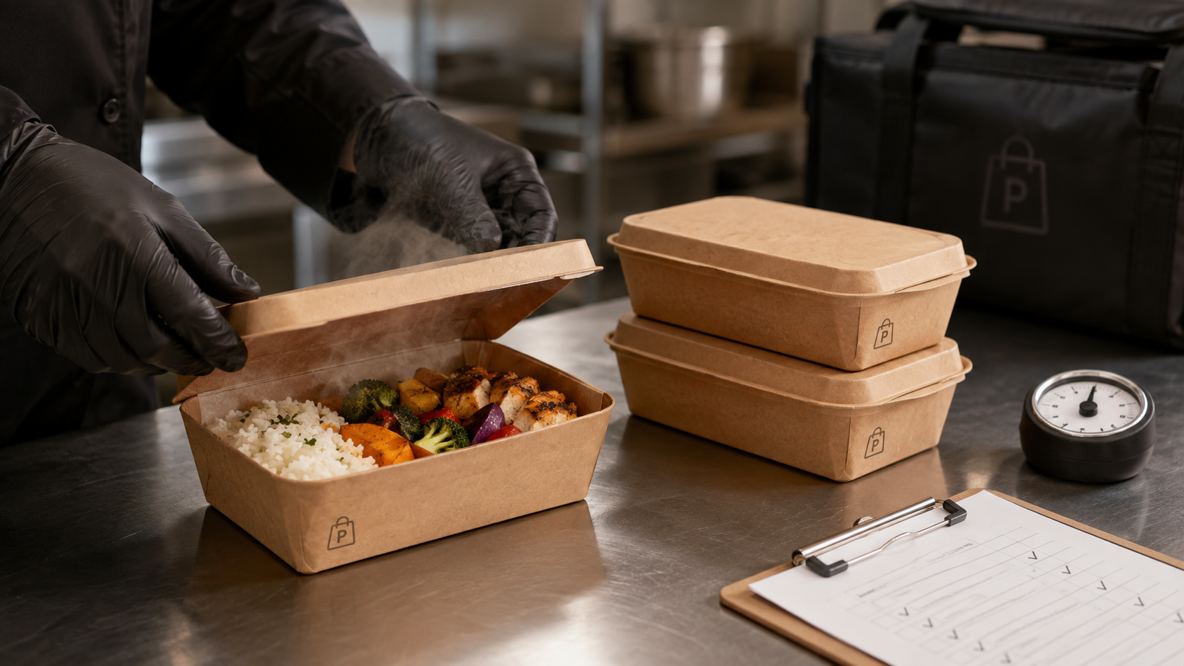 Hot meal in a kraft lunch box beside stacked lidded boxes, insulated bags, timer, and checklist