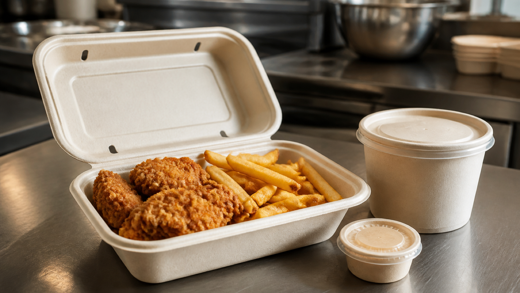Vented fiber clamshell with fried chicken and fries beside sealed soup and sauce containers on a kitchen counter