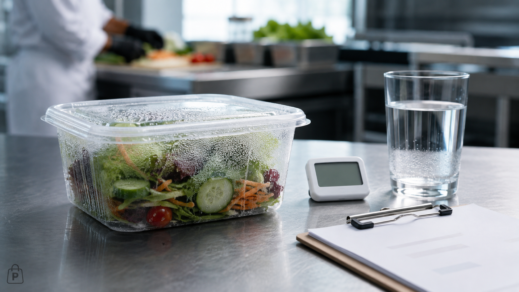 Cold salad container with condensation beside a temperature display, water glass, and test record