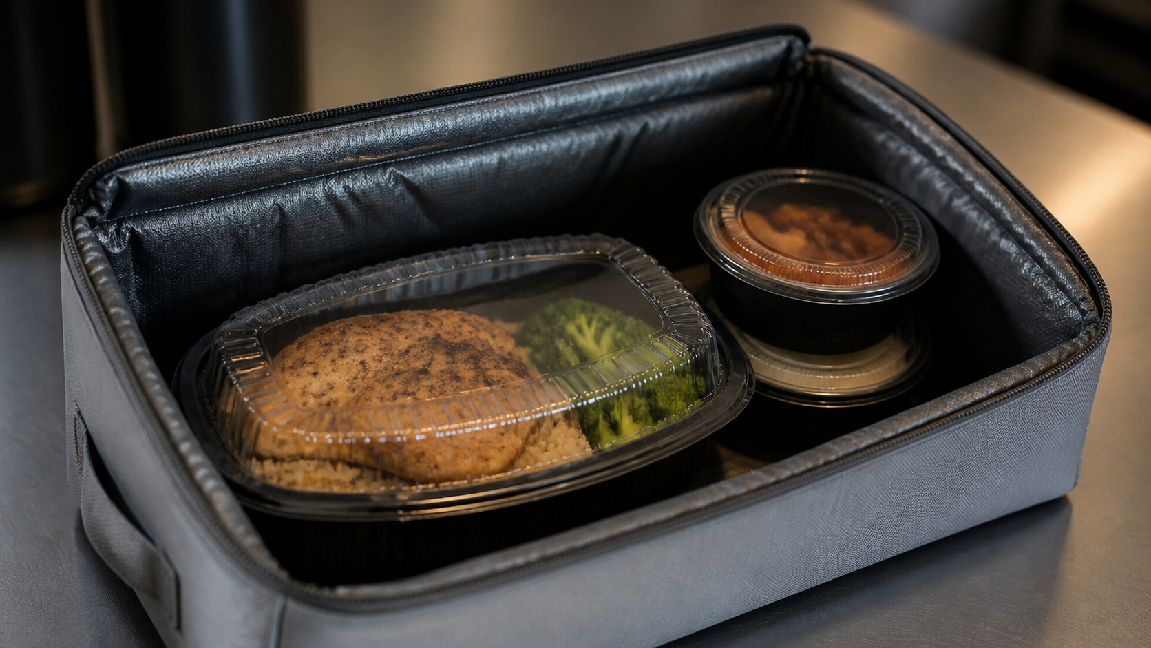 Lidded entrée, side container, and dedicated sauce cup arranged inside an insulated delivery bag