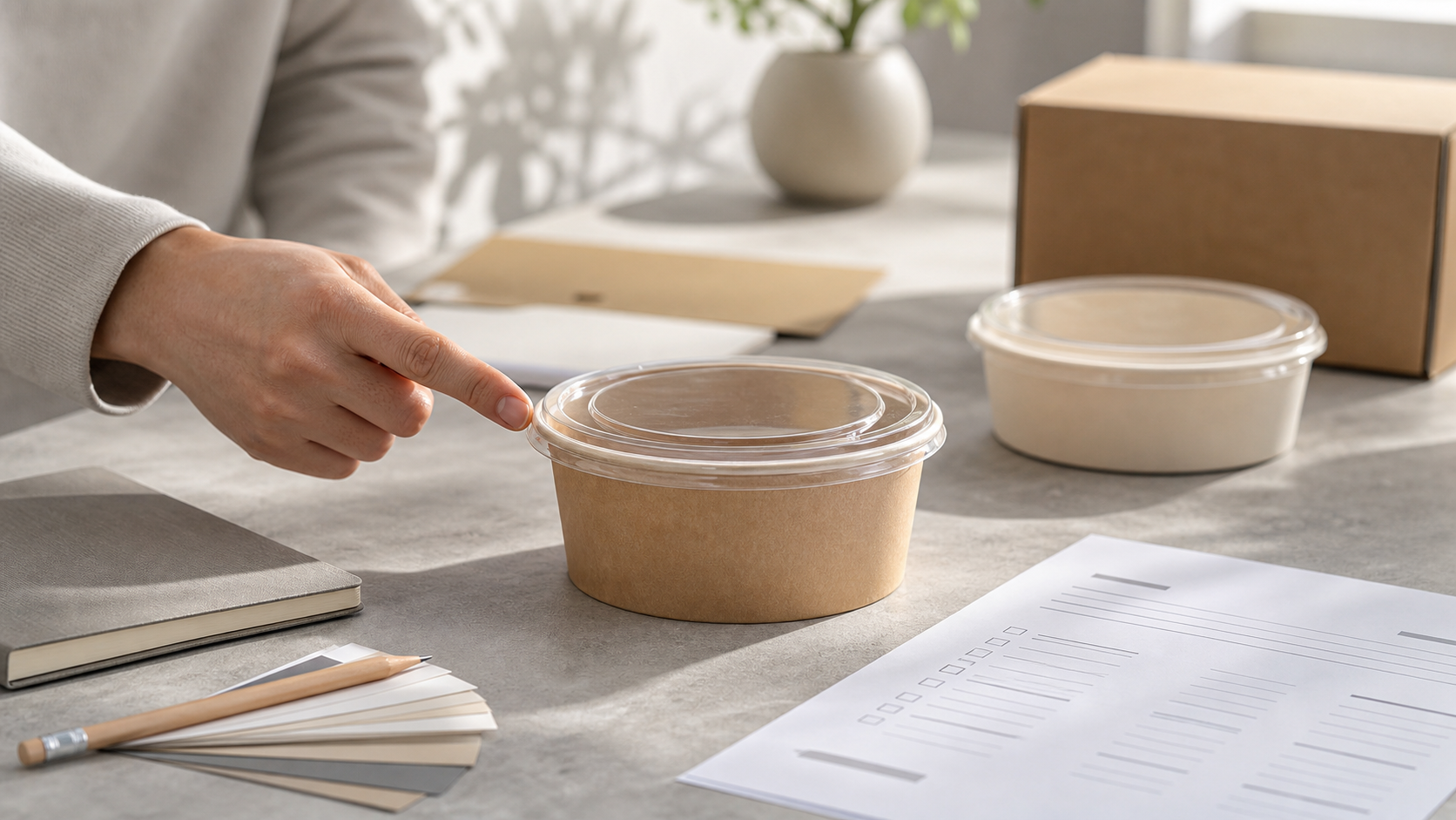 Buyer confirming an exact kraft bowl-and-lid supply offer beside a separately identified alternative