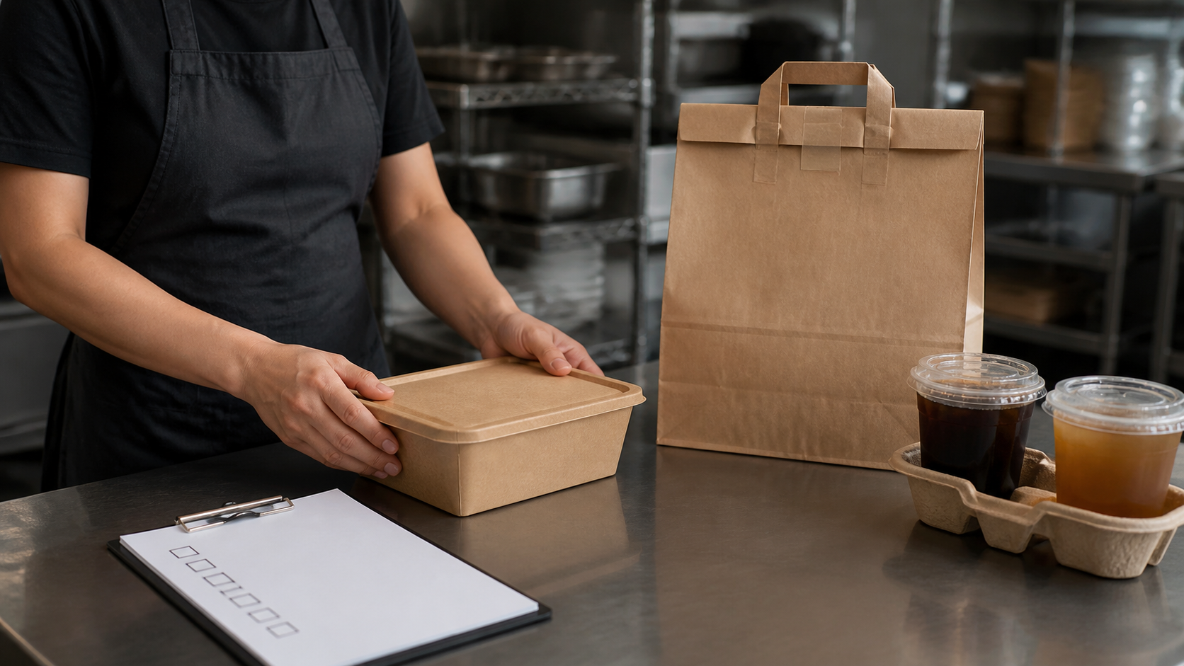 Restaurant worker checking a lidded takeaway container beside a sealed bag, drinks, and acceptance checklist