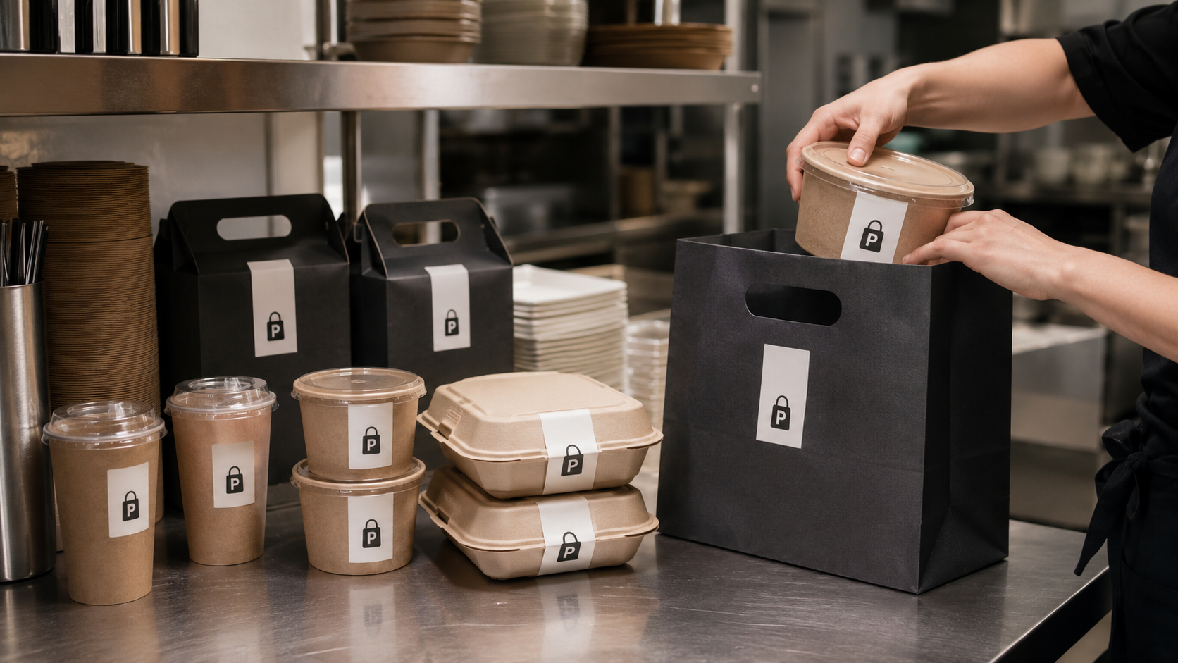 Restaurant worker placing a sealed food bowl into a branded delivery bag beside labeled takeaway packs