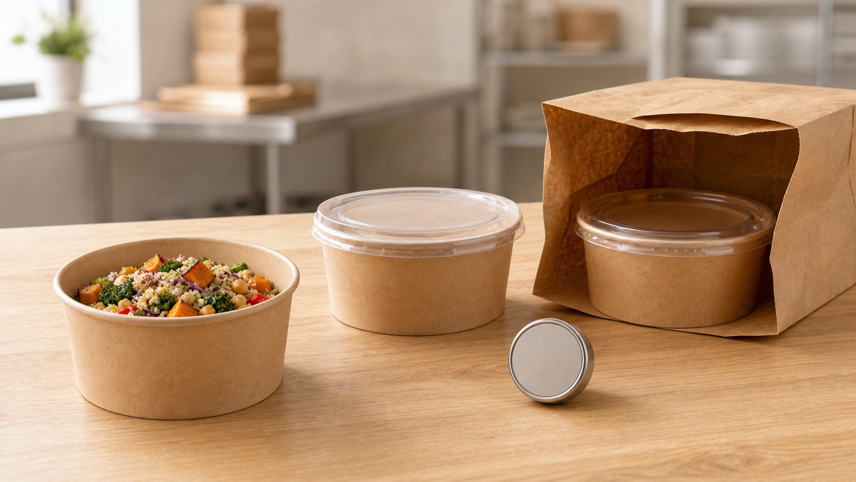 Filled and lidded takeaway bowls staged with a blank timer for holding and delivery review