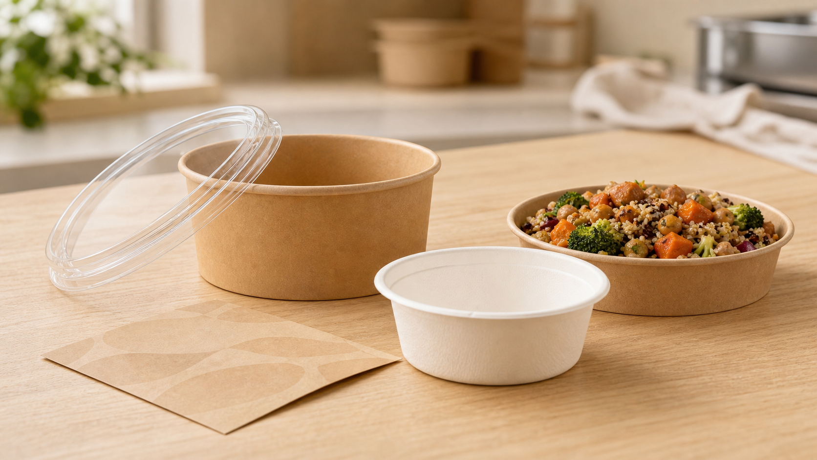 Takeaway bowl, lid, liner, and food-contact components arranged for supplier review