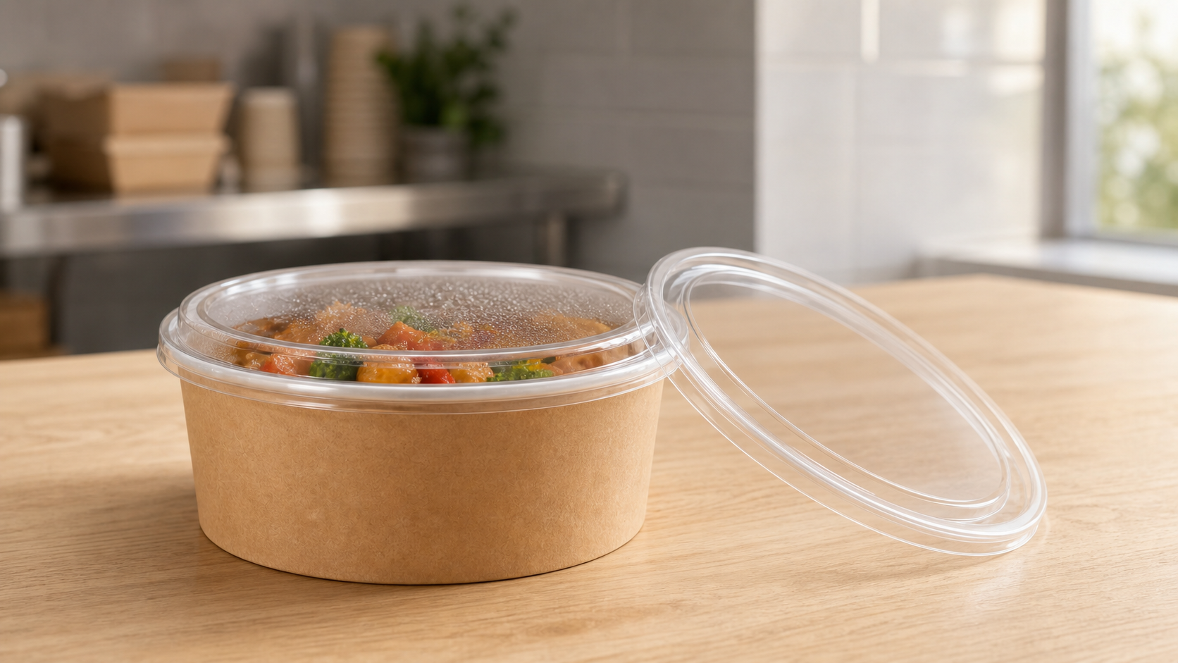 Kraft takeaway bowl and fitted lid presented together as one packaging system