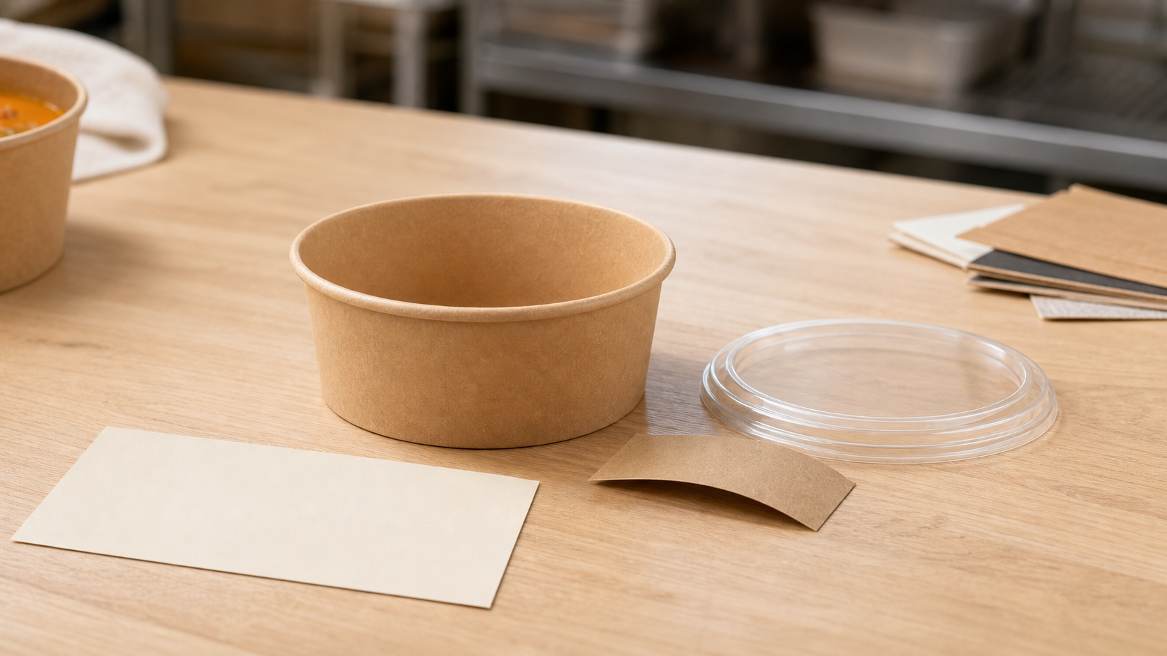 Kraft bowl paired with matching material swatches and a blank product record