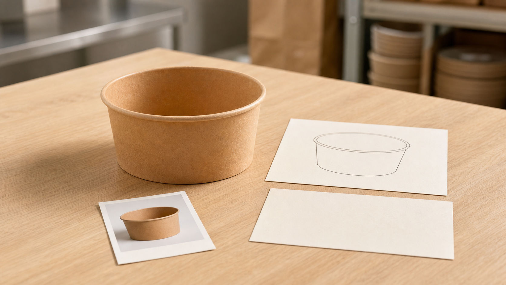 Kraft bowl beside a product photograph, outline drawing, and blank specification record