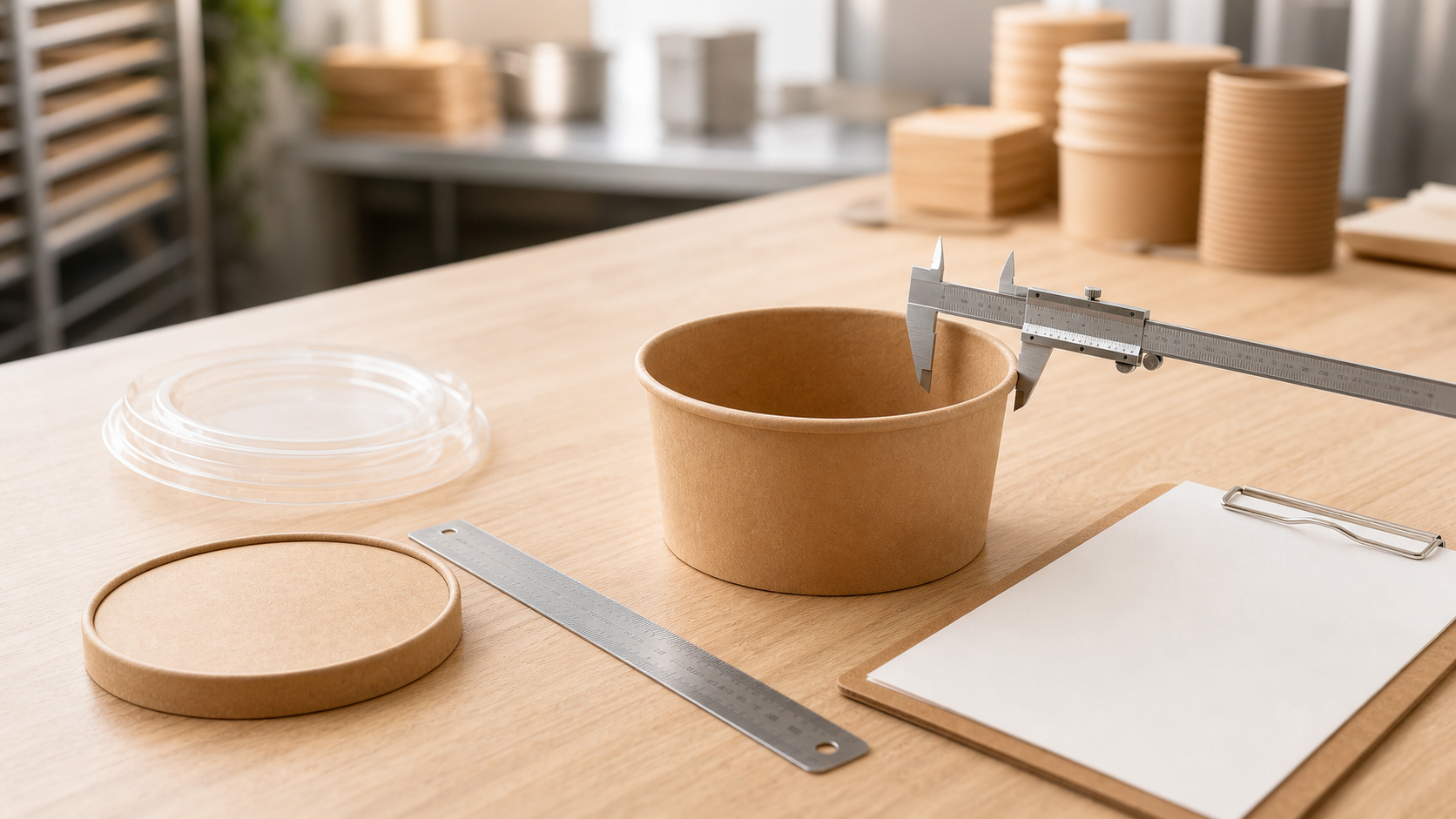 Kraft hot-food bowl measured with calipers beside a blank specification sheet