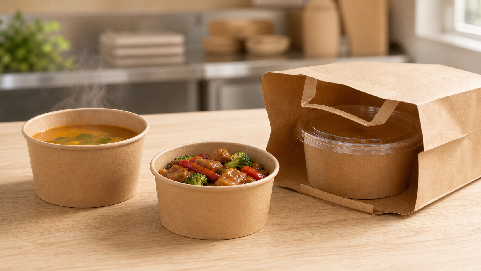 Hot, saucy, and delivery-ready kraft bowls arranged for supplier requirement screening