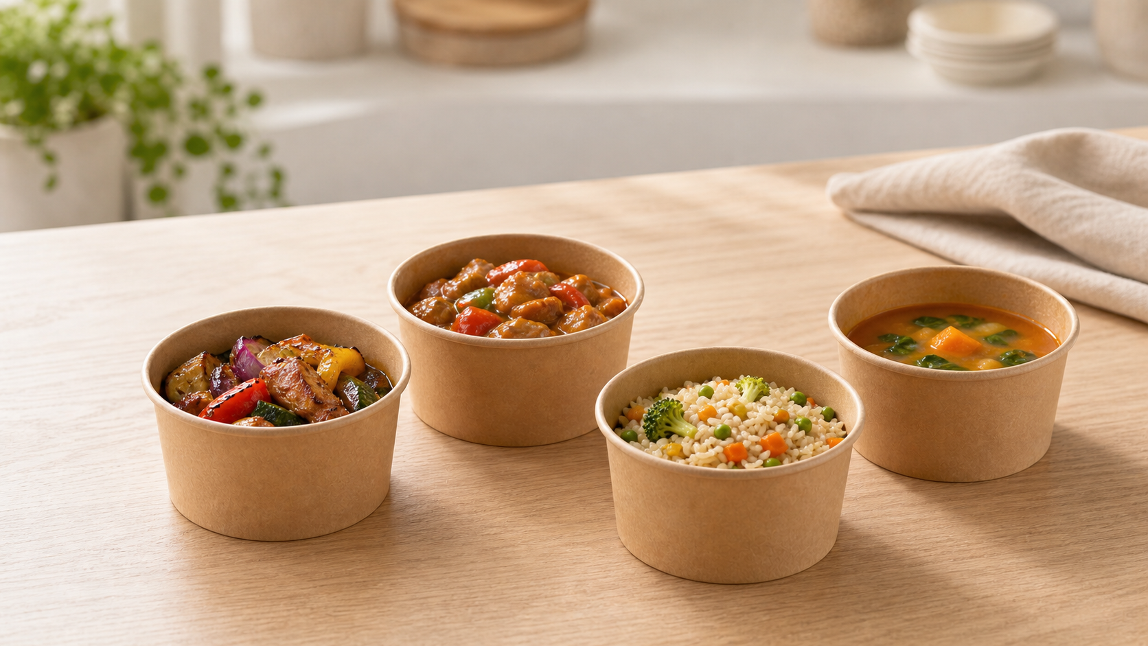 Kraft bowls holding oily, saucy, moist, and liquid foods for condition review