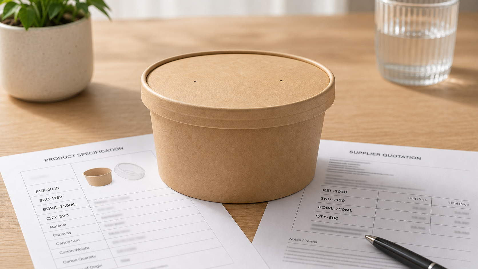 Kraft hot-food bowl over matching supplier quotation and product specification records