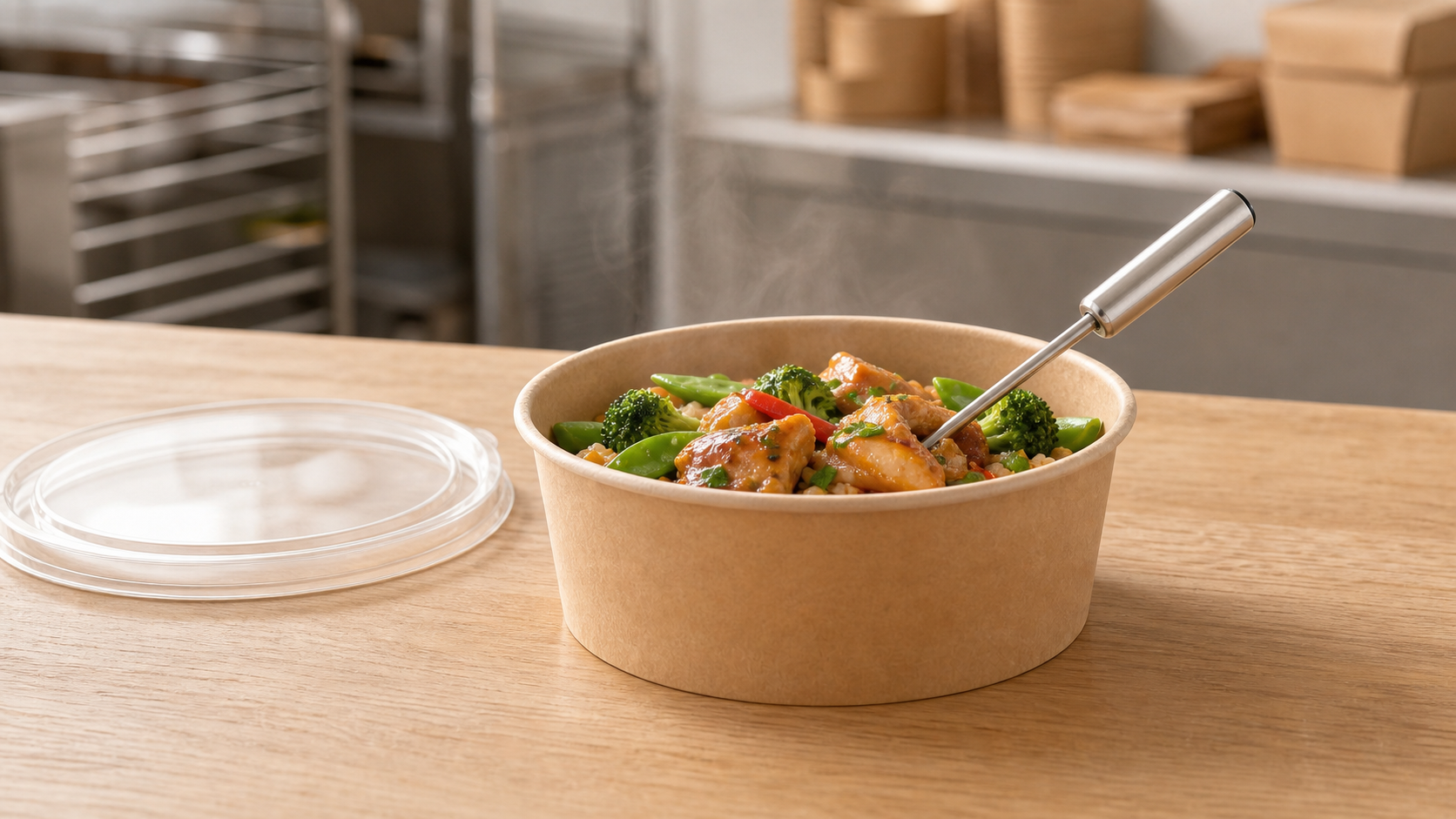 Steaming hot-food bowl beside a probe thermometer during temperature-condition review
