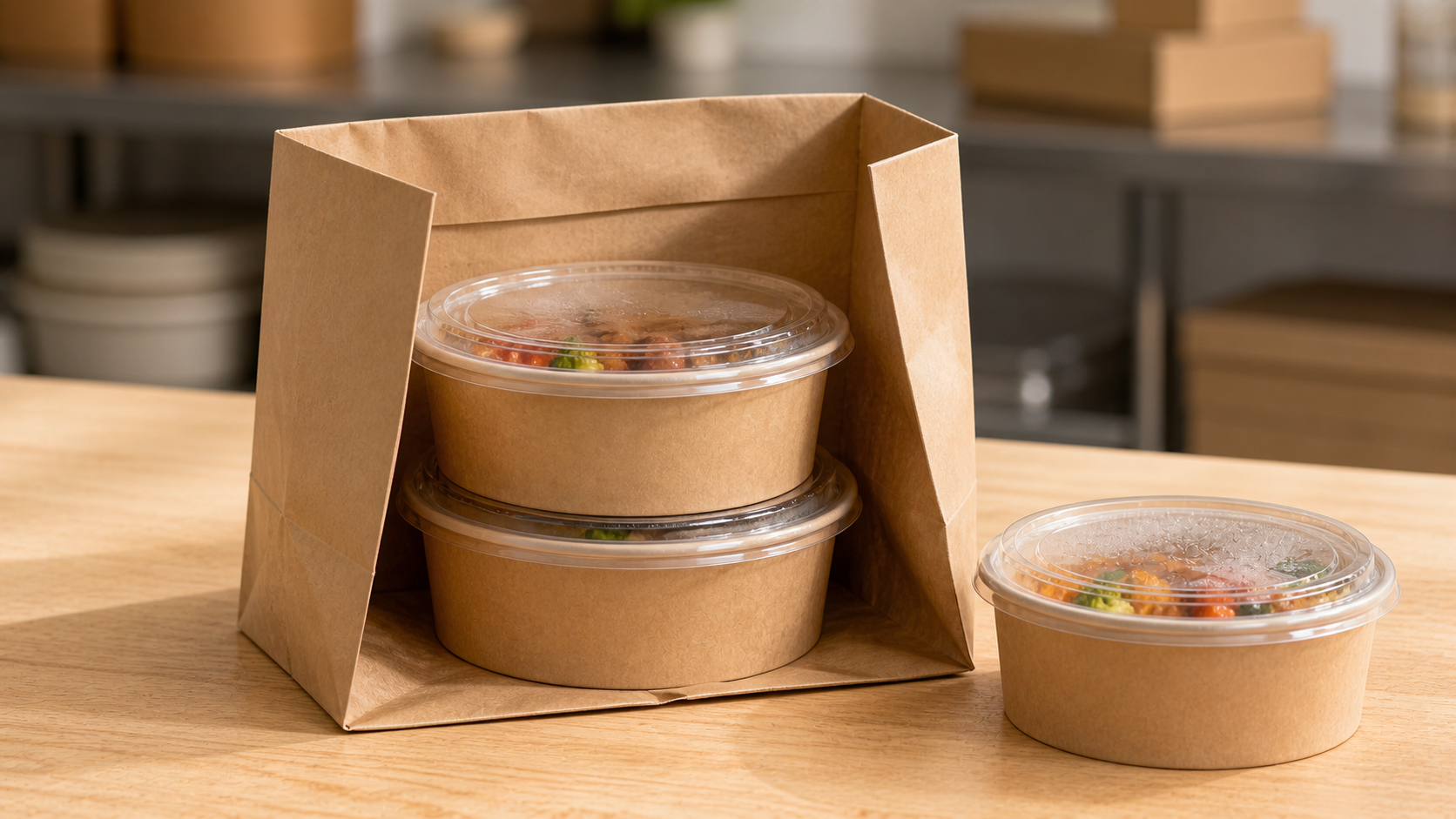 Lidded hot-food bowls stacked securely inside a kraft delivery bag for handling review