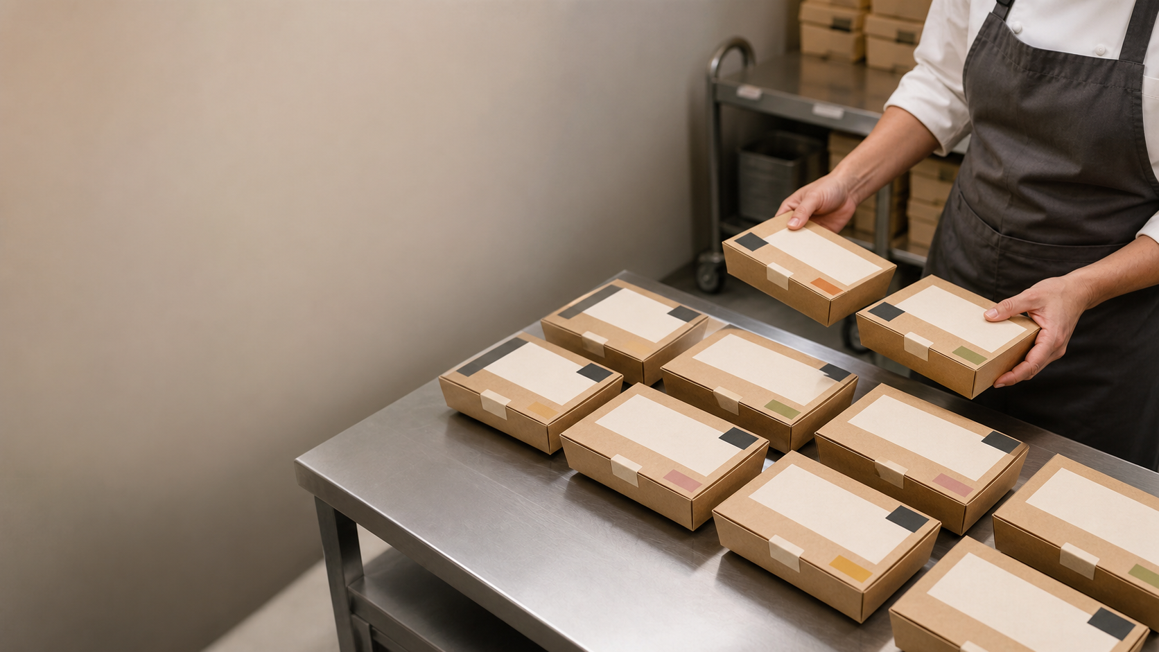 Catering worker sorting kraft meal boxes with consistent blank label zones and color-coded identifiers