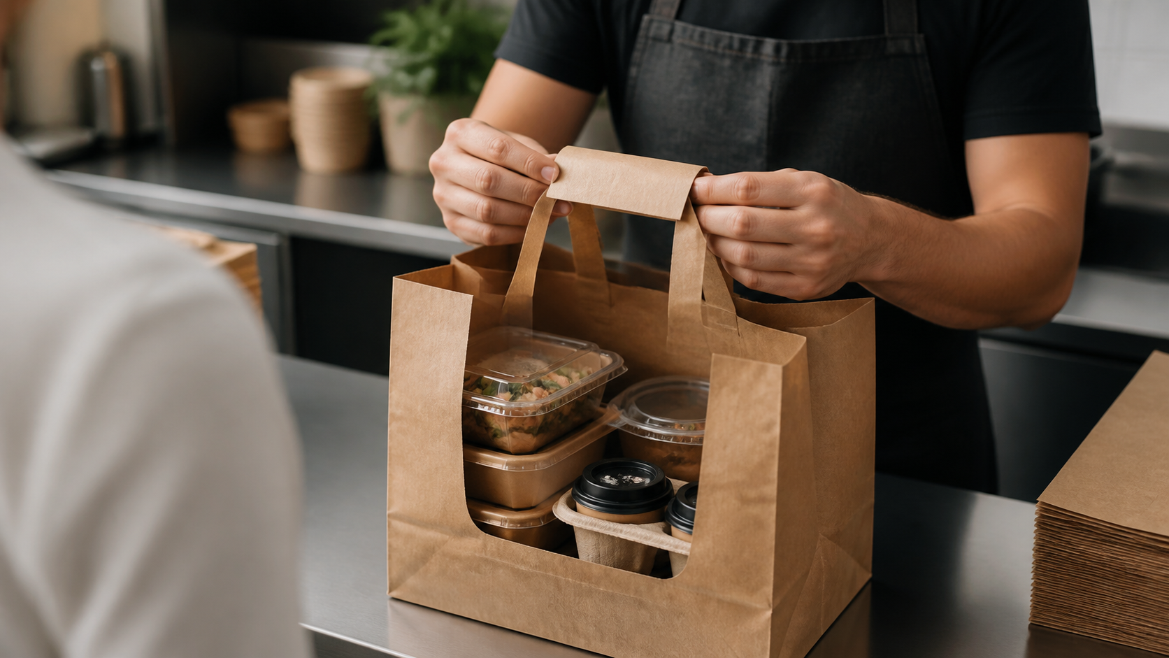 Restaurant worker sealing the handles of a kraft delivery bag packed with multiple food containers and drinks