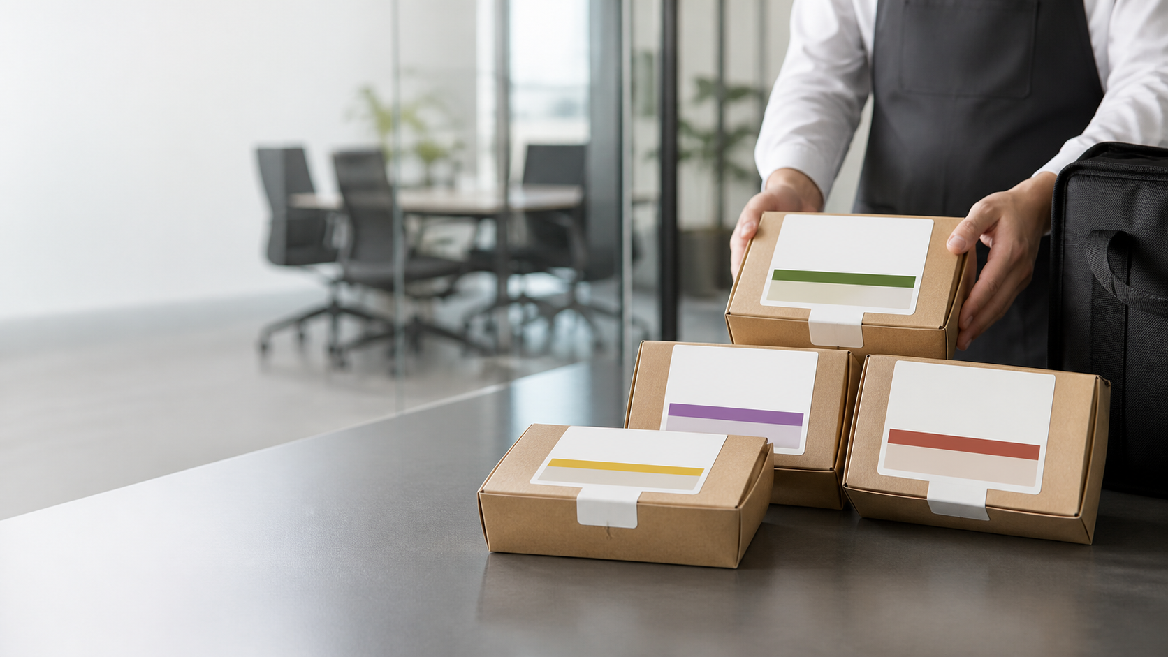 Office catering meal boxes with consistent large labels and distinct color-coded dietary bands