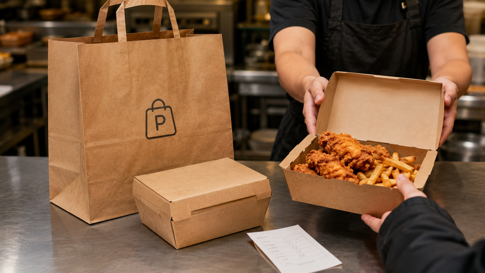 Restaurant team reviewing kraft hot-food boxes, fried food, and a delivery bag at handoff