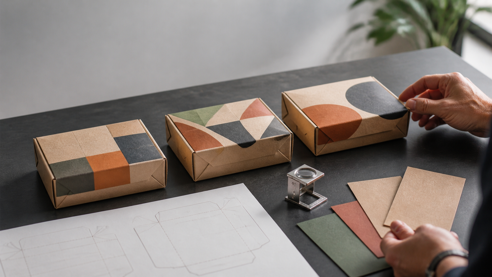 Three custom printed kraft food boxes with different graphic treatments beside dielines and color swatches