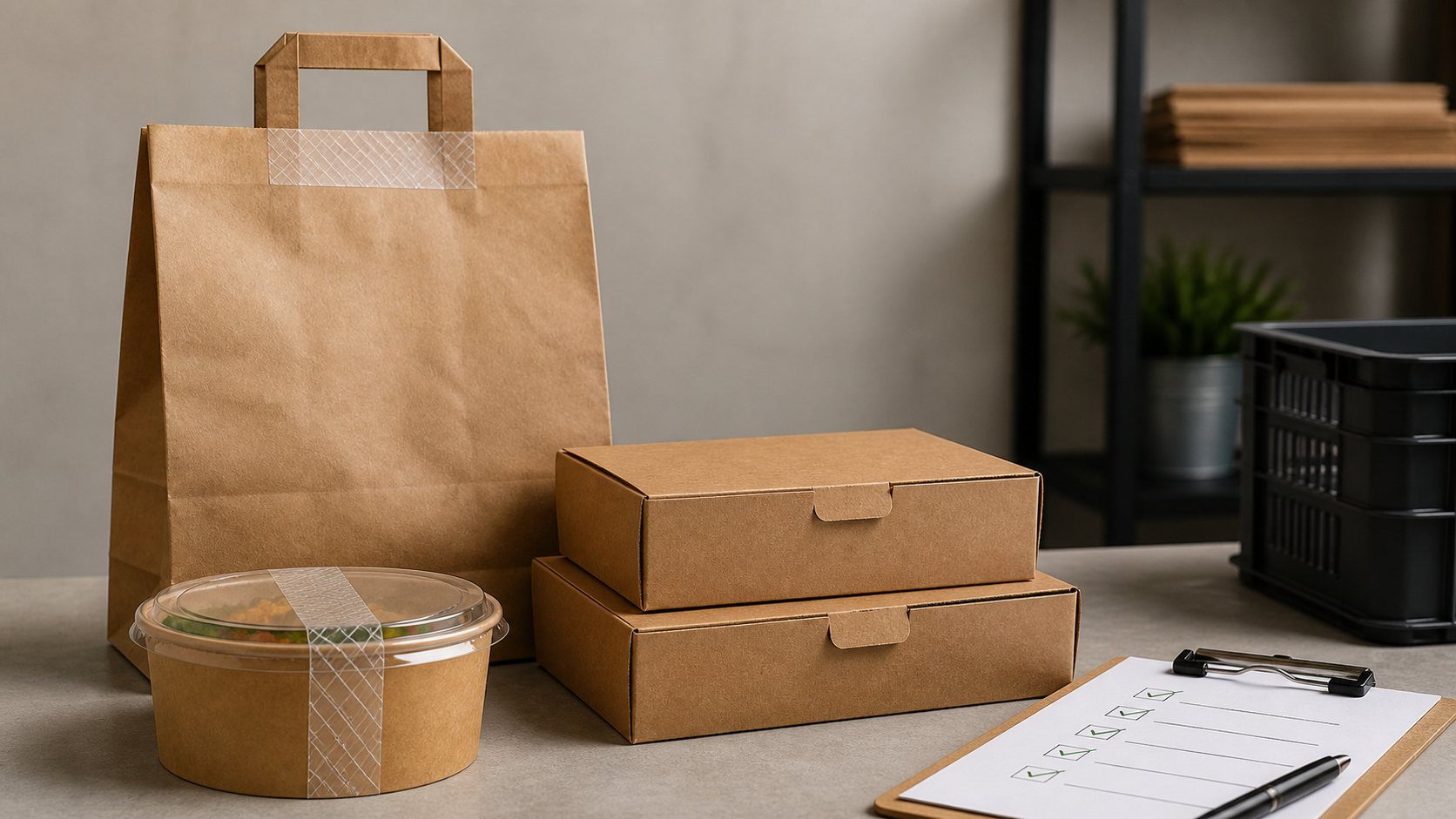 Sealed kraft delivery bag, bowl, and takeaway boxes beside a packaging test checklist