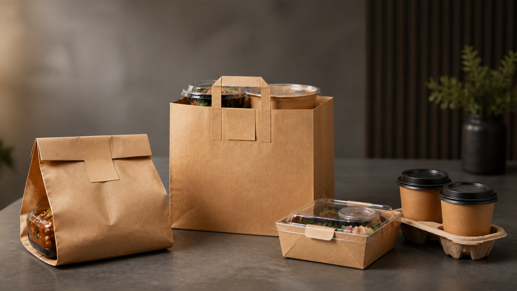 Tamper-evident delivery bags, sealed food containers, and lidded drinks arranged for closure comparison