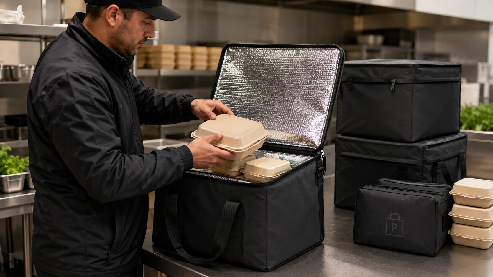 Delivery worker loading lidded food containers into an open insulated bag beside alternative bag sizes