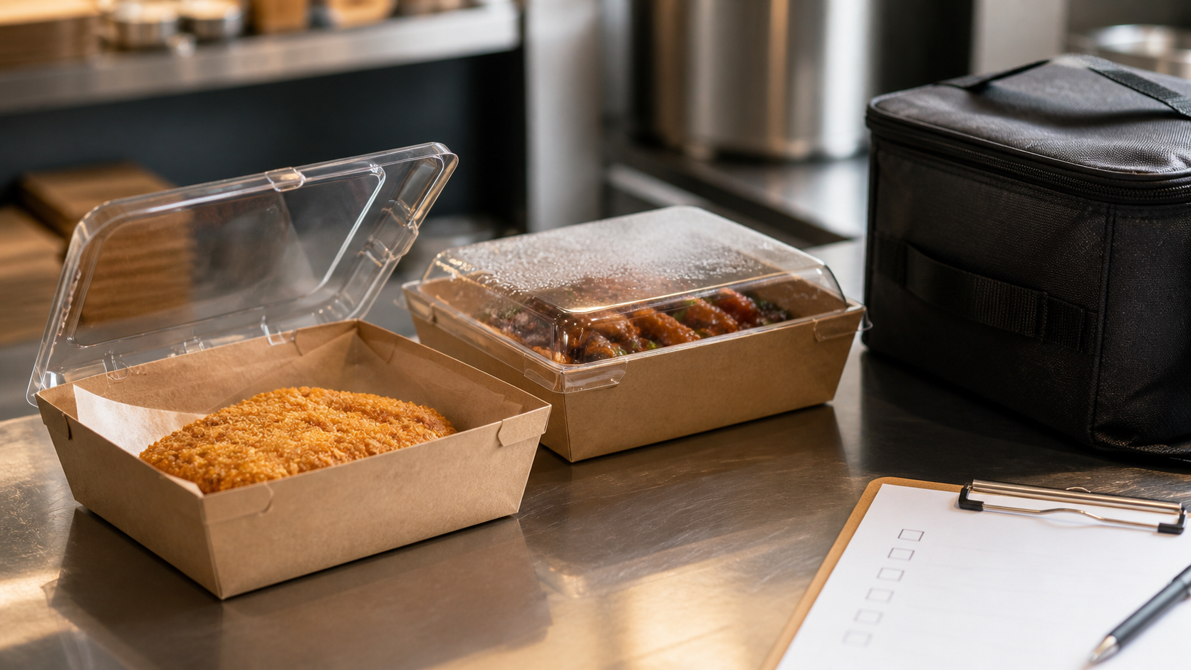 Crisp and saucy foods in separate takeaway containers beside an insulated delivery bag and test checklist