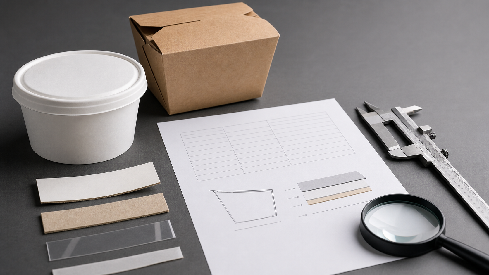 Food containers, material layers, specification drawing, calipers, and magnifier prepared for SKU review