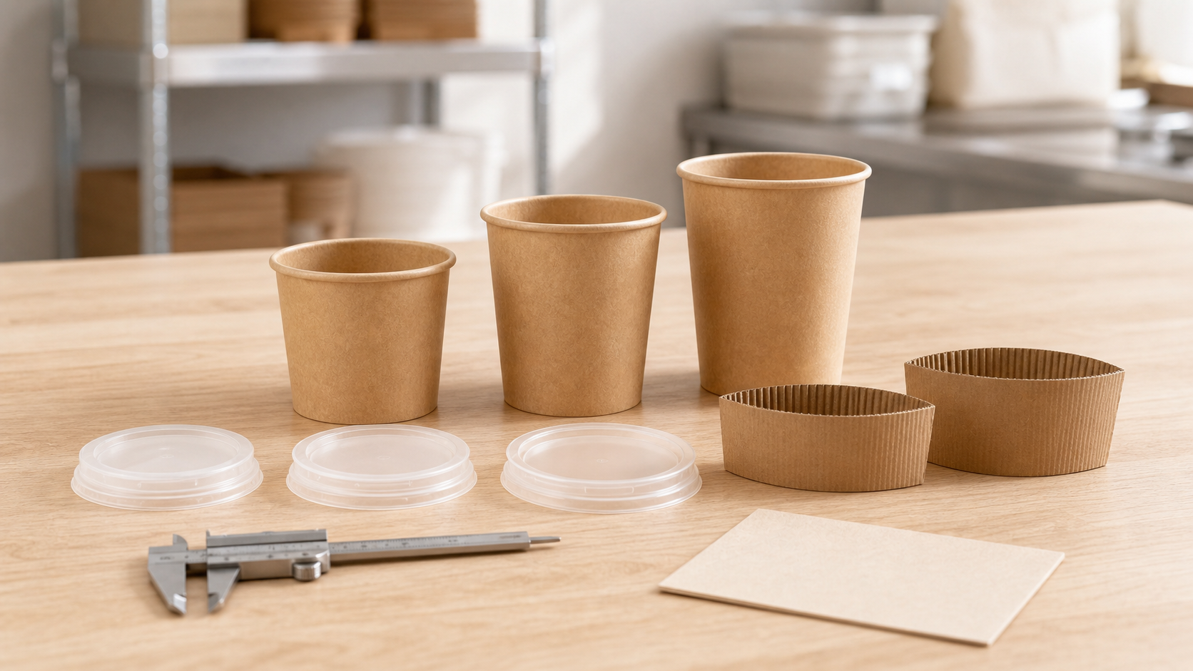 Unbranded paper cups aligned with matching lids and sleeves for a compatibility review