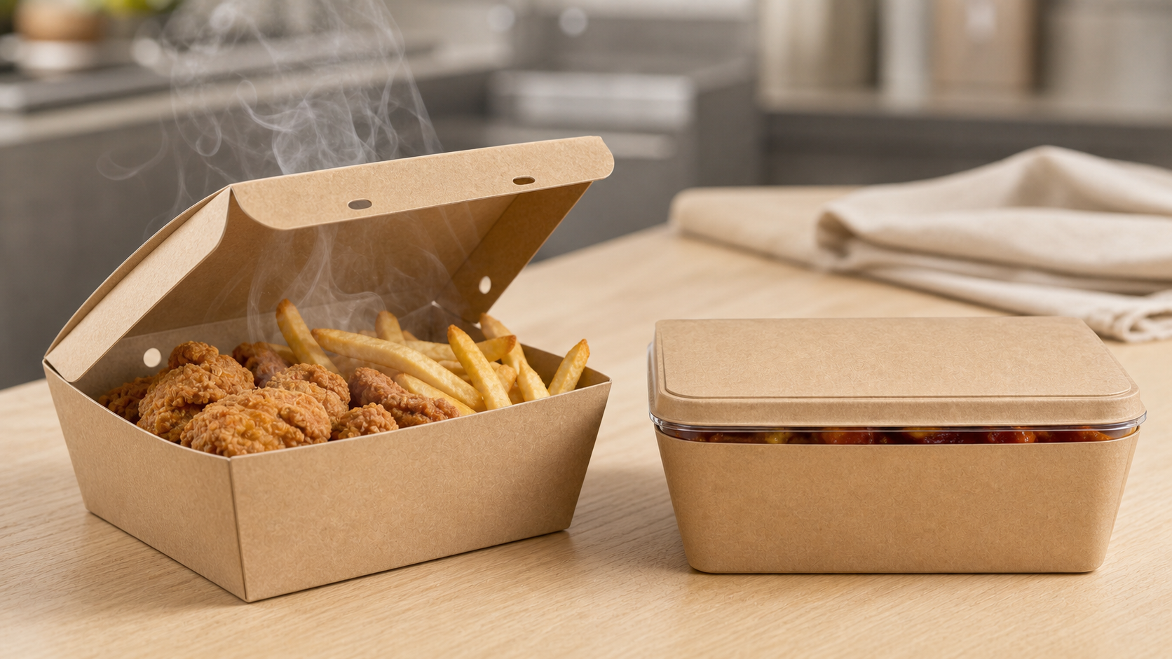 Vented kraft takeaway box with crisp food beside a sealed container holding saucy food