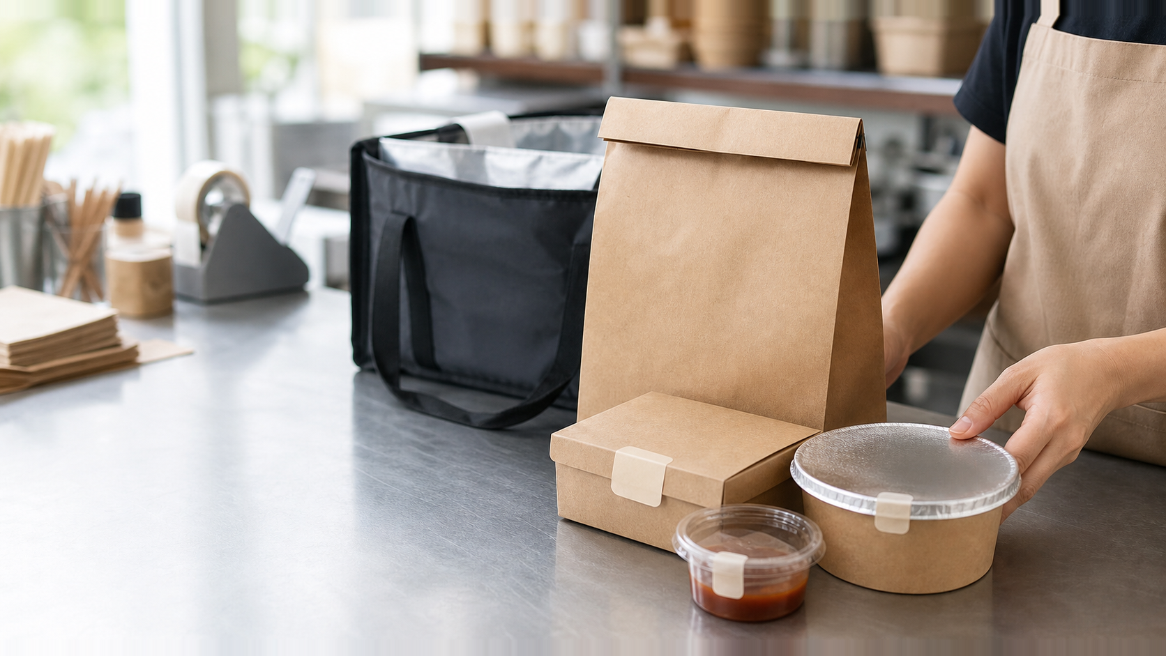 Worker packing sealed takeaway containers and a closed kraft bag beside an insulated delivery bag